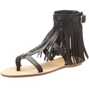 $195 Loeffler Randall Womens Gladiator Fringe Sandals Flats Black Leather Size 8